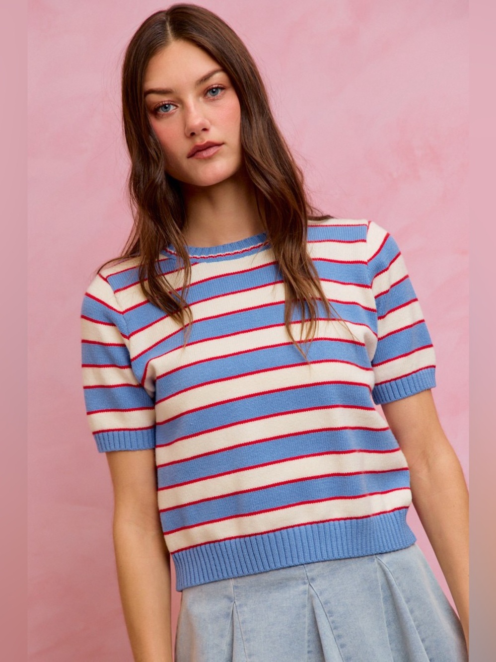 SO ME Stripe Knit Crew Neck Short Sleeves Sweater Top